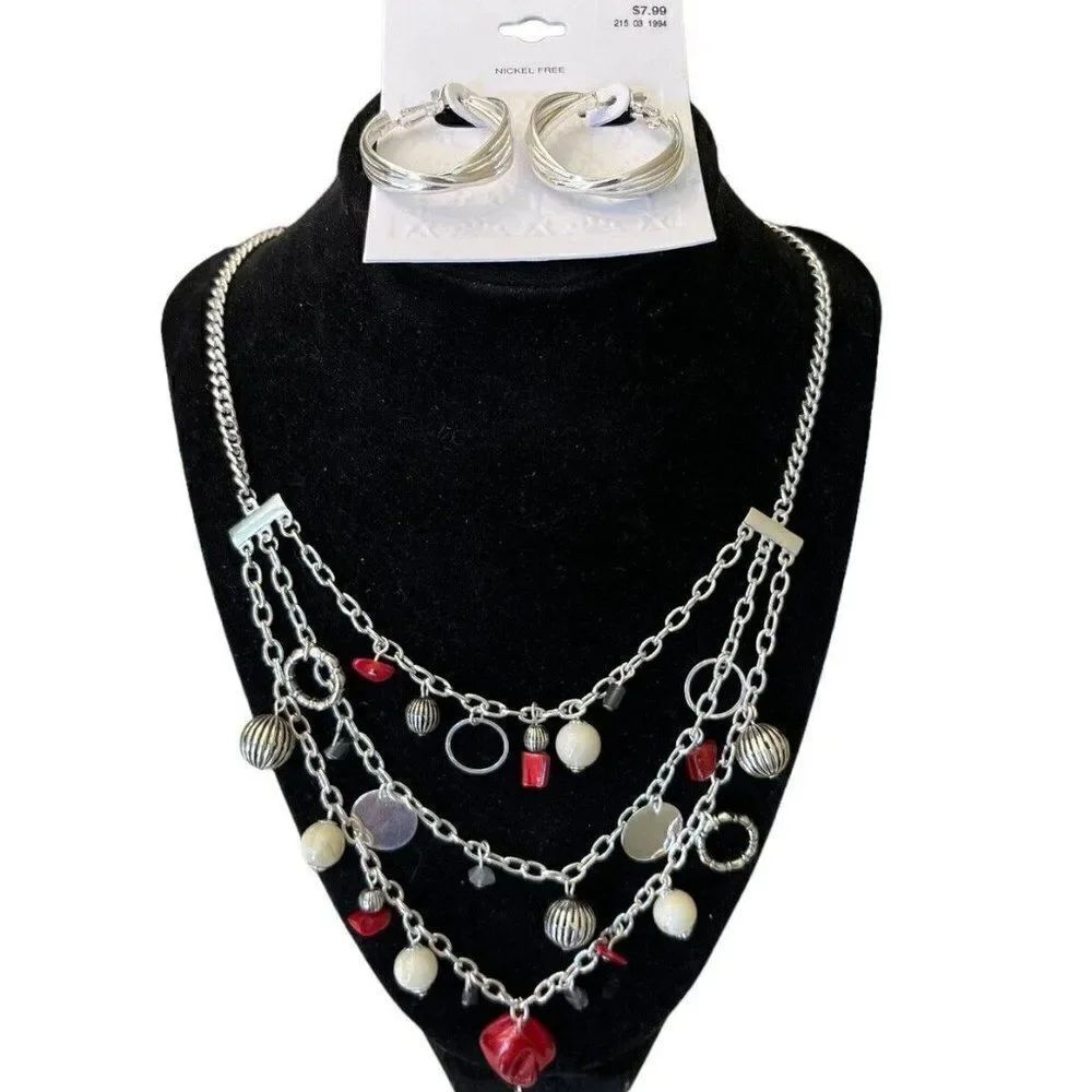 Silver Tone Triple Layered Red Beaded Necklace 22 In Long And Hoop Earrings NWT